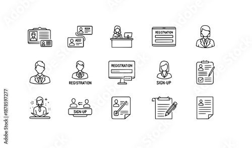 Thin line registration icon collection for form creation editing and user sign up vector