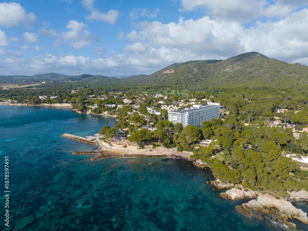Obraz premium Aerial view, Spain, Balearic Islands, Mallorca, Capdepera, Cuevas de Arta and Platja de Canyamel