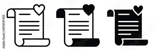 Set of love letter icons in black and white,Black Envelope with Valentine heart icon isolated on white background. Message love. Letter love and romance.  Vector Illustration