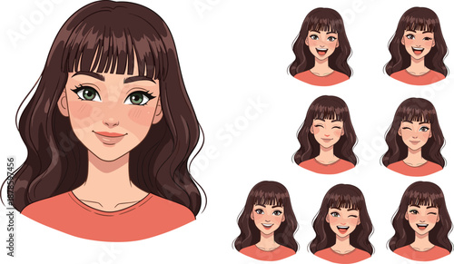Young woman facial expressions illustration set showing cute female character emotions, smiling reactions and moods for avatar design, animation, UI, UX, storytelling 