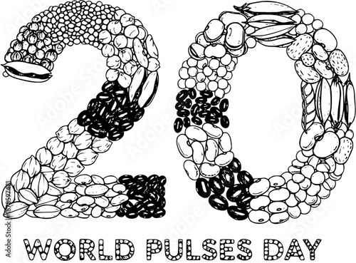World Pulses Day 20 celebration with numbers made of various beans, line art