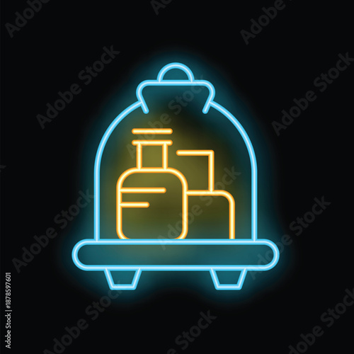 Neon glowing icon of a luggage cart with suitcases waiting in the lobby of a hotel for the bellhop