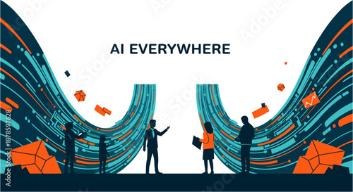 Abstract digital illustration depicting the pervasive influence of artificial intelligence across various industries and human interactions, showcasing innovation and future technology.