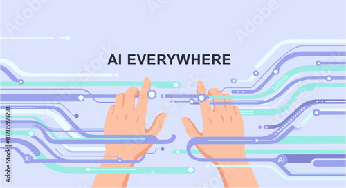 Conceptual illustration depicting human hands interacting with an intricate network of interconnected lines, symbolizing artificial intelligence integration and global digital connectivity.