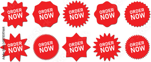 Order Now badge collection with bold red sale labels. Eye catching call to action stickers for ecommerce promotions and fast checkout marketing. Perfect for ads, banners, and online stores.