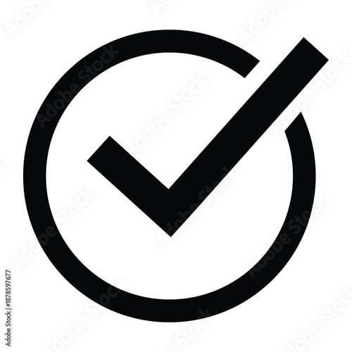 Checkmark symbol in a circle: A simple black checkmark symbol inside a perfect circle, representing confirmation and approval, perfect for conveying decisions or validations.
