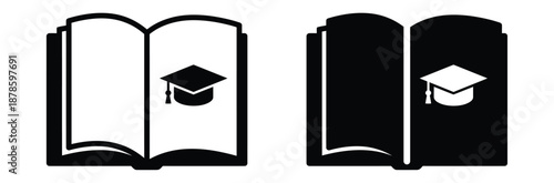 Graduation icons with open books and caps,Graduation cap icon set. Line and glyph graduation hat. Mortarboard collection,Graduation hat cap icons collection. Academic cap vector icons.