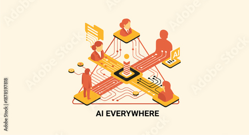 Dynamic isometric illustration depicting artificial intelligence and machine learning connecting diverse human teams and digital systems in a collaborative network.