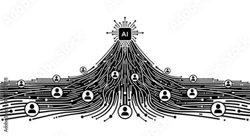 Conceptual illustration depicting an artificial intelligence chip at the apex, connecting and influencing numerous human user profiles through a complex network of digital pathways, symbolizing