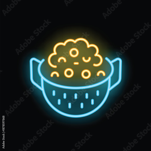 Neon sign depicting a steaming pot full of food, likely pasta, on a dark background