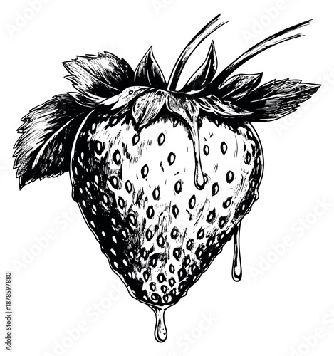 Hand drawn line art illustration of a strawberry depicting sweet juice dripping for food and beverage concepts