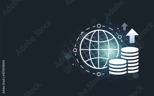 Wallpaper Mural Global economy growth and financial investment concept. Vector illustration of a globe with stacks of coins and upward arrows on a dark digital background. Torontodigital.ca