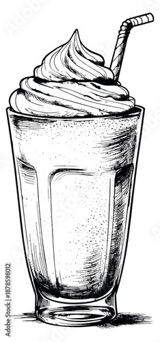 Hand drawn line art illustration of milkshake depicting whipped cream and a straw for a refreshing dessert menu