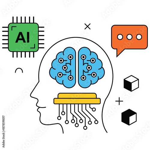 AI and human intelligence: A conceptual representation of human intelligence and Artificial intelligence with AI circuit board.