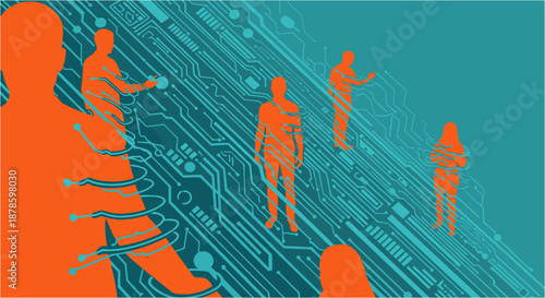Conceptual illustration depicting human interaction with advanced technology, showcasing interconnectedness within a digital circuit board environment.