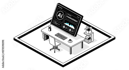 Isometric illustration of a modern office desk setup with a large monitor displaying artificial intelligence data and analytics.