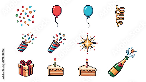 Festive celebration icons: balloons, confetti, cake, and gifts in pixel art style