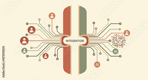 Abstract visual representation depicting the intricate integration of human interaction, artificial intelligence, and technology within a complex network.