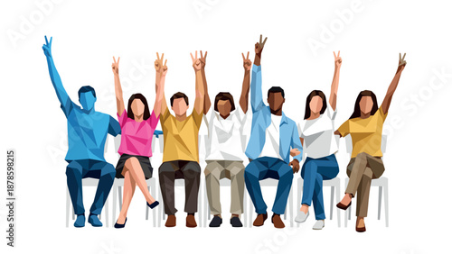 Diverse group of people celebrating with peace signs in abstract geometric style