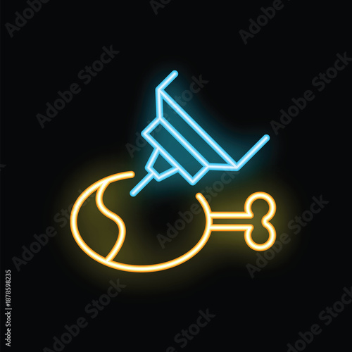 Neon glowing icon representing injecting hormones or antibiotics into chicken leg, symbolizing intensive farming practices