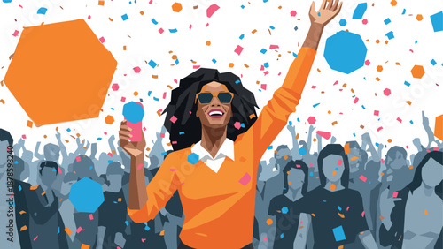 Celebratory moment: cheerful woman in festive crowd with confetti falling in joyful scene