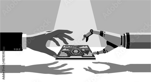 A human hand and a robotic hand reaching for a glowing digital interface, symbolizing the integration of artificial intelligence into business and technology.