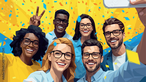 Diverse group of friends taking selfie at celebration with confetti