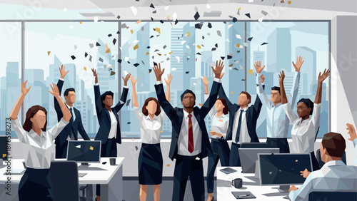 Celebration in a modern office: diverse team rejoicing with confetti in business environment