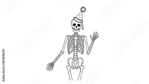 Festive skeleton in party hat waving cheerfully in black and white line art