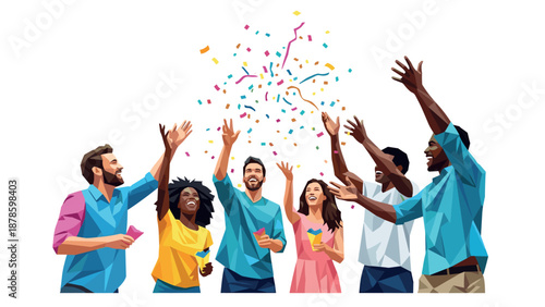 Festive group cheering with colorful confetti in polygonal art style
