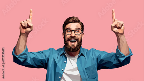 Happy man celebrating with raised hands on pink background in low poly art style