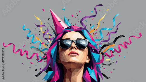 Colorful geometric party vibes: woman wearing sunglasses and party hat with confetti