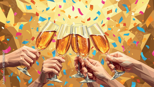 Cheers in geometric celebration with champagne, hands, and confetti