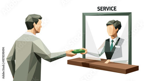 Low poly transaction scene with customer and teller at service counter