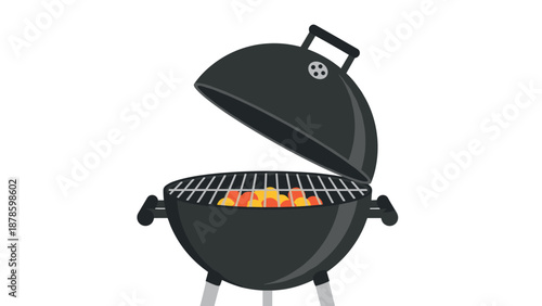 Flat design barbecue grill with open lid and hot coals for cooking