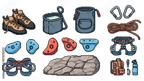 Pixel art climbing gear set with shoes, chalk bag, and climbing holds