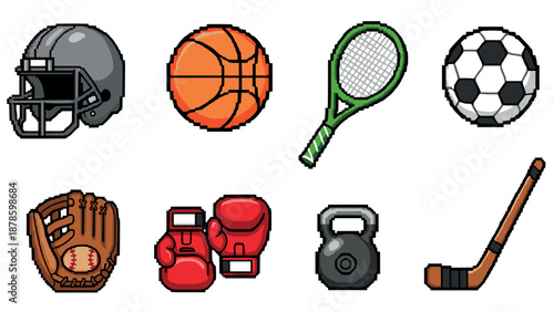 Pixel art icons of popular sports equipment: helmet, ball, racket, gloves