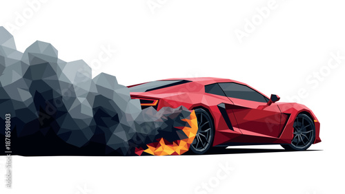 Geometric red sports car drifting with smoke and flames in low poly design