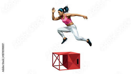 Athlete jumping over box in geometric style