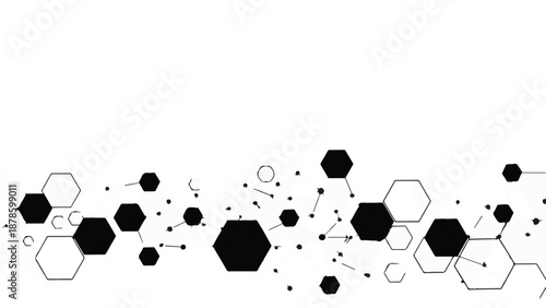 Geometric molecular structure with hexagons and particles on white background, representing chemistry and science concepts in a modern abstract design