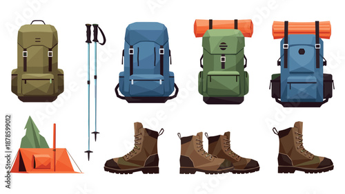 Camping gear set with backpacks, hiking poles, boots, and tent in flat design