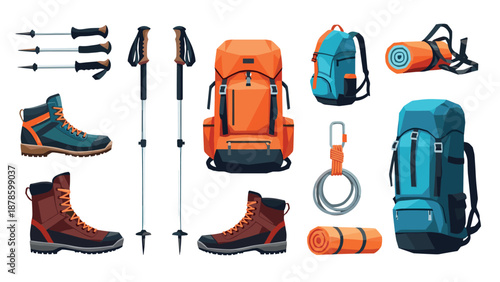 Outdoor hiking gear set with backpacks, boots, and camping equipment