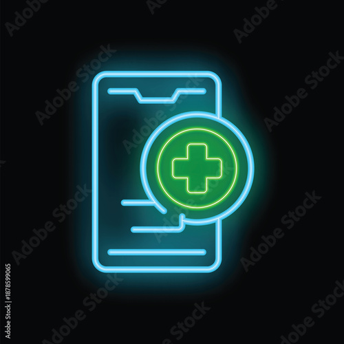 Bright neon medical record icon glowing on dark background representing online medicine
