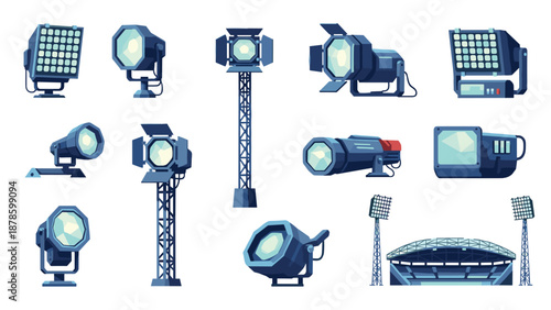 Modern stadium spotlights and floodlights set in flat design for sports events