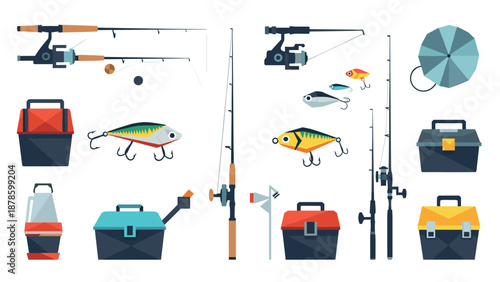Fishing gear collection with modern flat design tackle boxes, rods, and lures