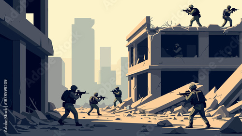 Silhouette soldiers in urban warfare scene amidst ruins