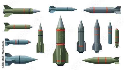 Collection of flat stylized missiles and rockets in various designs and colors
