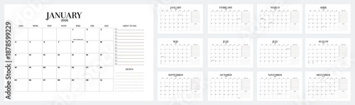 Calendar 2026 Monthly planner layout. Clean minimalist yearly calendar design for print planning organization and scheduling.