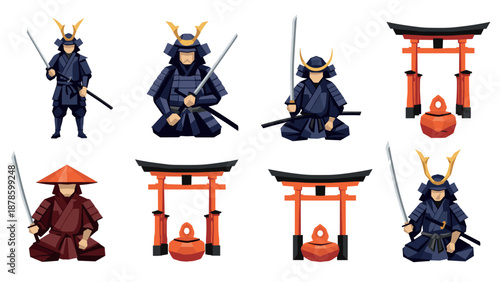 Low poly samurai and torii gate set featuring traditional japanese elements