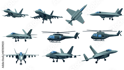 Collection of modern military aircraft and helicopters in flat style